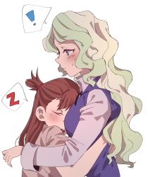 Rule 34 | !, 2girls, absurdres, blonde hair, blue eyes, blush, breasts, brown hair, closed mouth, diana cavendish, closed eyes, head on chest, highres, hug, kagari atsuko, little witch academia, long hair, looking at another, luna nova school uniform, medium breasts, multiple girls, open mouth, school uniform, simple background, sleeping, speech bubble, sweat, takao (88499191), teeth, upper body, upper teeth only, white background, yuri