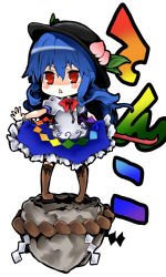 Rule 34 | 1girl, alternate weapon, blue hair, bow, female focus, food, frills, fruit, hat, hinanawi tenshi, keystone, koge-owl, leaf, long hair, open mouth, peach, red eyes, rock, rope, short sleeves, solo, sword, sword of hisou, touhou, translation request, very long hair, weapon, wrist cuffs