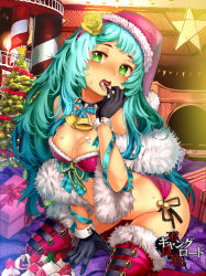 Rule 34 | 1girl, aqua hair, ass, bare shoulders, bell, black gloves, blush, boots, breasts, butt crack, christmas tree, copyright name, cream, flower, furyou michi ~gang road~, gift, gloves, green hair, hair flower, hair ornament, hat, jairou, long hair, looking at viewer, open mouth, santa hat, sitting, solo, star (symbol), thigh boots, thighhighs