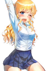 Rule 34 | 1girl, blonde hair, blue eyes, blue skirt, blush, breasts, commentary request, fang, idolmaster, idolmaster cinderella girls, idolmaster cinderella girls starlight stage, large breasts, long hair, looking at viewer, ohtsuki yui, one eye closed, pleated skirt, shirt, shoukichi (shony), simple background, skirt, solo, white background, white shirt