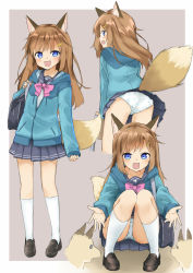Rule 34 | 1girl, :d, animal, animal ear fluff, animal ears, ass, bad id, bad pixiv id, bag, black sailor collar, blue jacket, blue skirt, blush, bow, bow panties, bra, brown background, brown footwear, brown hair, chair, collarbone, commentary, fang, fox, fox ears, fox girl, fox tail, hair ornament, hairclip, highres, hood, hood down, hooded jacket, jacket, kneehighs, leaning forward, loafers, long hair, long sleeves, looking at viewer, multiple views, open mouth, original, panties, pigeon-toed, pleated skirt, polka dot, polka dot bra, purple eyes, sailor collar, school bag, school chair, school uniform, sekira ame, serafuku, shirt, shoes, skirt, sleeves past wrists, smile, socks, squatting, standing, tail, tail raised, two-tone background, underwear, very long hair, white background, white panties, white shirt, white socks