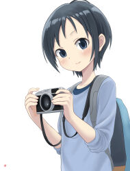 1girl backpack bag black_hair blue_eyes blush camera closed_mouth dot_nose feet_out_of_frame female_focus holding holding_camera holding_weapon kurosaki_honoka long_sleeves looking_at_viewer nowsketch1021 shirt short_hair simple_background smile solo standing weapon white_background yama_no_susume