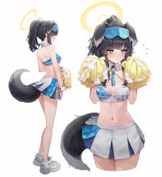Rule 34 | 1girl, absurdres, animal ears, bare arms, bare shoulders, black hair, blue archive, blue skirt, blush, breasts, cheerleader, cleavage, crop top, crop top overhang, dog ears, dog girl, dog tail, embarrassed, extra ears, eyewear on head, flying sweatdrops, goggles, goggles on head, halo, hibiki (blue archive), hibiki (cheer squad) (blue archive), highres, holding, holding pom poms, long hair, looking at viewer, lunia, medium breasts, midriff, millennium cheerleader outfit (blue archive), miniskirt, multiple views, navel, pleated skirt, pom pom (cheerleading), pom poms, ponytail, shirt, shoes, simple background, skirt, sleeveless, sleeveless shirt, sneakers, sticker on arm, sticker on face, stomach, sunglasses, tail, visor cap, white background, white footwear, white skirt