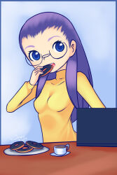 Rule 34 | 1girl, blue background, blue eyes, breasts, coffee, cup, digimon, digimon adventure 02, doughnut, drantyno, eating, food, glasses, highres, inoue miyako, large breasts, long hair, looking at viewer, mug, open mouth, purple hair, shirt, small breasts, smile, teeth, yellow shirt