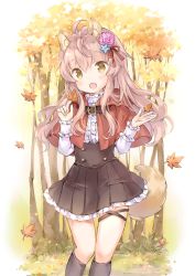 Rule 34 | 1girl, :d, ahoge, animal ear fluff, animal ears, autumn, autumn leaves, black socks, blouse, capelet, center frills, day, fang, flower, forest, frilled skirt, frills, hair flower, hair ornament, kneehighs, long hair, nature, open mouth, original, outdoors, pleated skirt, shirt, skirt, smile, socks, solo, tail, thigh strap, tree, very long hair, wataame27, wavy hair, white shirt, wolf ears, wolf tail, yellow eyes