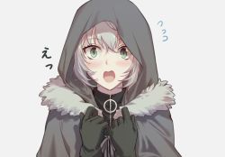 Rule 34 | 1girl, black gloves, blush, cape, csyday, fate (series), fur-trimmed cape, fur trim, gloves, gray (fate), green eyes, grey cape, grey hair, hair between eyes, hood, hood up, lord el-melloi ii case files, open mouth, solo, surprised, wide-eyed