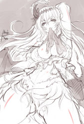 Rule 34 | 1girl, akagi rio, arm up, dark jeanne, feather hair ornament, feathers, from below, gloves, unworn gloves, gluteal fold, granblue fantasy, feather hair ornament, jeanne d&#039;arc (granblue fantasy), long hair, monochrome, mouth hold, navel, solo, spot color