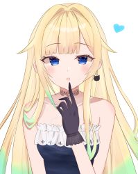Rule 34 | 1girl, :o, absurdres, aizawa ema, bare shoulders, blonde hair, blue eyes, blunt bangs, breasts, cat earrings, choker, criss-cross halter, dress, finger to mouth, gloves, gradient hair, green hair, hair flaps, hair intakes, halter dress, halterneck, heart, highres, lace, lace choker, light blush, long hair, looking at viewer, multicolored hair, open mouth, sairenji (o70at), simple background, solo, upper body, virtual youtuber, vspo!, white background