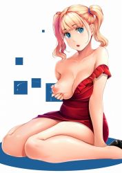 Rule 34 | 1girl, :o, arm at side, bare arms, bare legs, bare shoulders, black footwear, blue eyes, blunt bangs, blush, breast hold, breasts, collarbone, commentary request, dress, frilled dress, frills, highres, lactation, long hair, looking at viewer, nail polish, neko neko koneko, nipples, off-shoulder dress, off shoulder, one breast out, open mouth, orange hair, original, pink nails, puffy nipples, red dress, short dress, sitting, solo, tareme, twintails, two-tone background, wariza