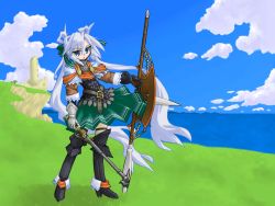 Rule 34 | armor, blue eyes, blue hair, gloves, highres, long hair, mof, mof&#039;s silver haired twintailed girl, ocean, polearm, shield, solo, spear, twintails, very long hair, weapon