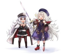 Rule 34 | 2girls, azur lane, black legwear, blush, commentary, detached sleeves, doyagao, closed eyes, gloves, graf zeppelin (azur lane), hat, headpiece, holding, holding sword, holding weapon, lefthand, long hair, long sleeves, military hat, multiple girls, open mouth, pantyhose, pleated skirt, puffy sleeves, red eyes, silver hair, skirt, smile, smug, sparkle, sword, very long hair, weapon, white gloves, z46 (azur lane), zeppy (azur lane)