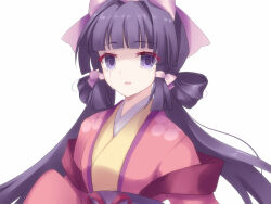 Rule 34 | 1girl, akinomiya asuka, blunt bangs, commentary request, crying, crying with eyes open, empty eyes, hair ribbon, haori, japanese clothes, kimono, long hair, long sleeves, mystical power plant, obi, original, parted bangs, parted lips, pink ribbon, purple eyes, purple hair, ribbon, sash, simple background, solo, tears, touhou, upper body, white background, yaezaki an, yellow kimono