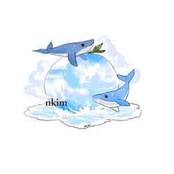 Rule 34 | artist name, blue sky, cloud, cloudy sky, floating, ice, mint, nadia kim, no humans, original, puddle, simple background, sky, sparkle, whale, white background