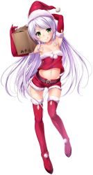 Rule 34 | 1girl, :q, armpits, arms up, bare shoulders, belt, belt skirt, blush, boots, box, breasts, carrying, cleavage, copyright request, elbow gloves, full body, fur-trimmed footwear, fur trim, gloves, green eyes, hat, highres, light purple hair, long hair, looking at viewer, midriff, navel, red gloves, red thighhighs, santa costume, santa hat, short shorts, shorts, small breasts, solo, thigh boots, thighhighs, tongue, tongue out, transparent background, very long hair