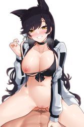 Rule 34 | 1boy, 1girl, :d, absurdres, animal ears, areola slip, atago (azur lane), azur lane, bikini, bikini top only, black bikini, black choker, black hair, blush, bottomless, breasts, choker, cleavage, collarbone, commentary, commission, cowgirl position, english commentary, girl on top, grey jacket, grin, has bad revision, has censored revision, heavy breathing, highres, jacket, large breasts, long hair, long sleeves, looking at viewer, male pubic hair, mole, mole under eye, nail polish, navel, nipples, one breast out, open clothes, open jacket, open mouth, penis, pink nails, pov, pubic hair, pussy, sex, simple background, smile, solo focus, spread legs, stomach, straddling, swept bangs, swimsuit, teeth, uncensored, undressing, vaginal, very long hair, white background, yellow eyes, z.taiga