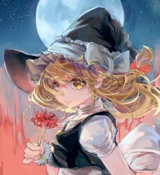 Rule 34 | 1girl, back bow, black hat, black vest, blonde hair, bow, braid, breasts, closed mouth, flower, from side, full moon, hat, hat bow, holding, holding flower, kirisame marisa, large hat, long hair, looking at viewer, looking to the side, moon, mugi 0, puffy short sleeves, puffy sleeves, red flower, shirt, short sleeves, single braid, sky, small breasts, solo, spider lily, star (sky), starry sky, touhou, upper body, vest, white bow, white shirt, witch hat, yellow eyes