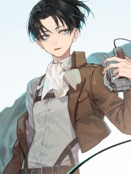 Rule 34 | 1boy, ascot, black hair, blue eyes, brown jacket, chest harness, closed mouth, collared shirt, cropped jacket, eyokiki, harness, holding, jacket, levi (shingeki no kyojin), long sleeves, looking away, male focus, off shoulder, open clothes, open jacket, parted bangs, shingeki no kyojin, shirt, short hair, three-dimensional maneuver gear, white ascot, white shirt