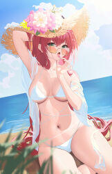 1girl absurdres azur_lane beach bikini breasts candy criss-cross_straps crossed_bangs flower food hand_in_own_hair hand_up hat hat_flower highres licking lollipop long_hair looking_at_viewer luoboko medium_breasts navel official_alternate_costume open_mouth orange-tinted_eyewear red_eyes red_hair solo straw_hat string_bikini sun_hat sunglasses surcouf_(azur_lane) surcouf_(loisirs_balneaires)_(azur_lane) swimsuit tinted_eyewear tongue tongue_out white_bikini