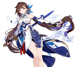 Rule 34 | 1girl, bare shoulders, breasts, brown eyes, brown hair, china dress, chinese clothes, cleavage, cleavage cutout, closed mouth, clothing cutout, dress, elbow gloves, fingerless gloves, gloves, hair ornament, holding, holding sword, holding weapon, honkai (series), honkai impact 3rd, jian (weapon), large breasts, li sushang, li sushang (jade knight), long hair, looking at viewer, reverse grip, smile, solo, sword, twintails, wawako mama, weapon, white background, white dress, white gloves