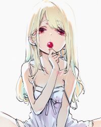 Rule 34 | 1girl, amane lily, azuma sawayoshi, between legs, blonde hair, breasts, camisole, candy, collarbone, eating, food, hand between legs, highres, holding, holding candy, holding food, holding lollipop, jewelry, lollipop, long hair, looking at viewer, official art, oroka na tenshi wa akuma to odoru, red eyes, ring, simple background, small breasts, solo, spread legs, strap slip, upper body, white background, white camisole