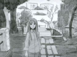 Rule 34 | 1girl, ayase asagi, closed mouth, day, grass, greyscale, jacket, long hair, long sleeves, looking at viewer, monochrome, outdoors, pants, plant, sleeve cuffs, smile, solo, standing, sunlight, tree, wallpaper, yotsubato!