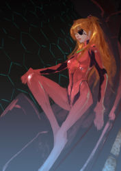 1girl, absurdres, artist request, blue eyes, brown hair, evangelion: 3.0 you can (not) redo, hand on hip, highres, long hair, looking to the side, neon genesis evangelion, pilot suit, plugsuit, rebuild of evangelion, shiny, shiny clothes, simple background, sitting, solo, soryu asuka langley, twintails
