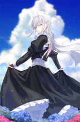 Rule 34 | 1girl, blurry, blurry foreground, cross, cross earrings, day, earrings, from behind, highres, jewelry, kfr, long hair, long sleeves, looking at viewer, maid, maid headdress, original, outdoors, puffy long sleeves, puffy sleeves, solo, swept bangs, white hair, wind, yellow eyes