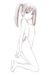 Rule 34 | 1girl, barefoot, feet, monochrome, original, sketch, solo, swimsuit, traditional media, twintails, yoshitomi akihito