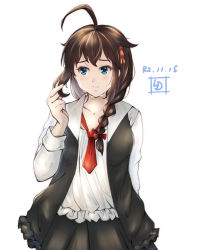 Rule 34 | 1girl, ahoge, artist logo, black hair, black skirt, black vest, blouse, blue eyes, braid, commentary request, cowboy shot, crying, crying with eyes open, dated, frilled shirt, frills, hair flaps, hair over shoulder, kantai collection, ld (luna dial398), long sleeves, looking to the side, necktie, official alternate costume, one-hour drawing challenge, red necktie, shigure (kancolle), shigure kai ni (kancolle), shirt, single braid, skirt, solo, tears, vest, white shirt