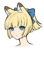Rule 34 | 1girl, absurdres, animal ear fluff, animal ears, banned artist, blonde hair, blue bow, blue eyes, bow, closed mouth, eyebrows hidden by hair, hair bow, highres, original, ponytail, portrait, shimizu akina, short hair, simple background, solo, white background