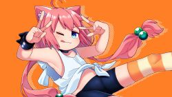 Rule 34 | 1girl, :p, ahoge, animal ears, armpits, arms up, bike shorts, blue eyes, cat ears, choker, double v, hair bobbles, hair ornament, highres, hinata channel, long hair, low twintails, midriff, navel, nekomiya hinata, one eye closed, pink hair, shorts, smile, solo, striped clothes, striped thighhighs, thighhighs, tongue, tongue out, twintails, v, vest, virtual youtuber, watch, white vest, wristwatch