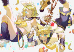 Rule 34 | 1boy, 1girl, aqua eyes, arm warmers, banana, bass clef, black collar, black shorts, black sleeves, blonde hair, bow, character name, collar, commentary, confetti, crop top, drooling, eating, falling, food, fork, fruit, grin, hair bow, hair ornament, hairclip, happy birthday, headphones, holding, holding fork, holding knife, kagamine len, kagamine rin, kiekyun, knife, leg warmers, looking at viewer, mouth drool, neckerchief, necktie, one eye closed, orange (fruit), pancake, plate, sailor collar, school uniform, shirt, short hair, short ponytail, short shorts, short sleeves, shorts, sleeveless, sleeveless shirt, smile, spiked hair, steamroller, swept bangs, treble clef, vocaloid, white background, white bow, white shirt, yellow neckerchief
