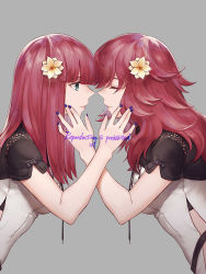 Rule 34 | 2girls, bare arms, belt, blue nails, blunt bangs, breasts, closed eyes, devola, flower, green eyes, grey background, hair between eyes, hair flower, hair ornament, hand on another&#039;s cheek, hand on another&#039;s face, long hair, looking at another, loose belt, medium breasts, multiple girls, nail polish, nier:automata, nier (series), popola, red hair, sasanomesi, short sleeves, siblings, sisters, upper body
