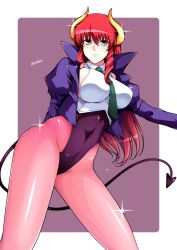 Rule 34 | 00s, 1girl, breasts, demon tail, female focus, highres, hiromin, horns, large breasts, long hair, looking at viewer, mercedes (viper), necktie, pantyhose, red hair, solo, tail, viper, viper gts