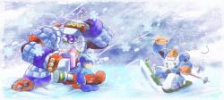 Rule 34 | 3boys, angry, blizzard man, commentary, cup, english commentary, frost man, hat, helmet, highres, holding, holding cup, holding snowboard, male focus, mega man (character), mega man (classic), mega man (series), mega man 6, mega man 8, multiple boys, no mouth, nongura, outdoors, robot, ski pole, snow, snowboard