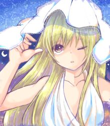 Rule 34 | 1girl, arm up, blonde hair, breasts, collarbone, commentary request, large breasts, long hair, multicolored eyes, oekaki, one eye closed, open mouth, original, ougi hina, shirt, sleeveless, sleeveless shirt, solo, veil, white shirt, white veil
