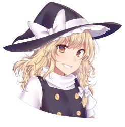 Rule 34 | 1girl, asa (coco), black dress, blonde hair, bow, braid, commentary request, dress, grin, hair bow, hat, hat bow, kirisame marisa, looking at viewer, medium hair, puffy short sleeves, puffy sleeves, short sleeves, simple background, single braid, smile, solo, touhou, upper body, white background, white bow, witch hat, yellow eyes