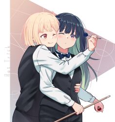 2girls absurdres black_hair black_pants black_vest blonde_hair blue_bow blue_bowtie blue_hair blush bow bowtie chai_haru closed_mouth colored_inner_hair commentary_request cowboy_shot cue_stick dress_shirt hand_on_another&#039;s_waist highres holding_cue_stick holding_dart inoue_takina long_hair long_sleeves lycoris_recoil multicolored_hair multiple_girls nishikigi_chisato one_eye_closed one_side_up pants purple_eyes red_eyes shirt short_hair tongue tongue_out vest white_shirt yuri