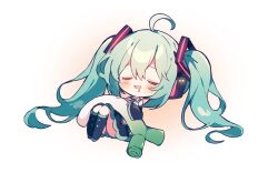 Rule 34 | 1girl, ahoge, amano mizu, bare shoulders, black skirt, black sleeves, blush, boots, chibi, closed eyes, collared shirt, commentary, detached sleeves, drooling, full body, gradient background, hair ornament, hatsune miku, headset, highres, knees up, long hair, mouth drool, shirt, skirt, sleeping, sleeveless, sleeveless shirt, solo, spring onion, twintails, very long hair, vocaloid