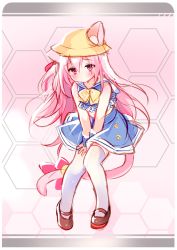 Rule 34 | 1girl, animal ears, azur lane, bell, black footwear, blue shirt, blue skirt, cat ears, cat tail, commentary request, crop top, full body, hat, jingle bell, kisaragi (azur lane), leaning forward, long hair, mary janes, midriff, navel, pink eyes, pink hair, piyodera mucha, ribbon, school hat, shirt, shoes, side ponytail, skirt, skirt tug, sleeveless, sleeveless shirt, solo, tail, tail ornament, tail ribbon, thighhighs, white thighhighs, yellow hat