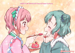 Rule 34 | 2girls, bang dream!, blue hair, bow, cake, closed eyes, copyright name, double bun, feeding, food, fork, from side, hair bow, hair bun, hands on own cheeks, hands on own face, hikari (mitsu honey), hikawa hina, holding, holding fork, holding plate, house, long sleeves, looking at another, maruyama aya, medium hair, multiple girls, open mouth, pink eyes, pink hair, plate, profile, side ponytail, smile, sparkle, sweets paradise, swiss roll, two side up