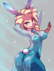 Rule 34 | 1girl, adapted costume, animal ears, armpits, arms up, ass, bad anatomy, bad id, bad pixiv id, blonde hair, blue eyes, braid, breasts, rabbit ears, rabbit tail, playboy bunny, elsa (frozen), fake animal ears, frozen (disney), hair over shoulder, highres, long hair, looking at viewer, moyoosu, pantyhose, single braid, smile, solo, tail, twisted torso