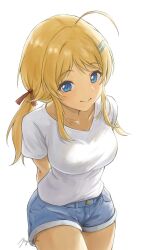 Rule 34 | 1girl, ahoge, arms behind back, artist name, blonde hair, blue eyes, blush, bow, breasts, closed mouth, collarbone, cowboy shot, denim, denim shorts, hachimiya meguru, hair bow, hair ornament, hair ribbon, hairclip, highres, idolmaster, idolmaster shiny colors, large breasts, leaning forward, long hair, looking at viewer, low twintails, mzmch, red ribbon, ribbon, shirt, short sleeves, shorts, signature, simple background, smile, solo, t-shirt, twintails, white background, white shirt