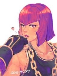 Rule 34 | 1girl, absurdres, artist name, chain, chain necklace, collarbone, gold chain, heart, highres, jewelry, kiss, kissing own fist, marisa (street fighter), muscular, muscular female, necklace, quasimodox, red hair, short hair, simple background, solo, street fighter, street fighter 6, upper body