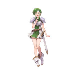 Rule 34 | 1girl, absurdres, armor, belt, boots, breastplate, commentary request, dress, earrings, fee (fire emblem), fire emblem, fire emblem: genealogy of the holy war, fire emblem heroes, full body, gold trim, green eyes, grey hair, hand on own chest, hand up, headband, highres, jewelry, looking at viewer, nintendo, official art, open mouth, sheath, sheathed, short dress, short hair, short sleeves, shoulder armor, simple background, smile, solo, standing, sword, teeth, upper teeth only, weapon, white background, white headband, yuko (uc yuk)