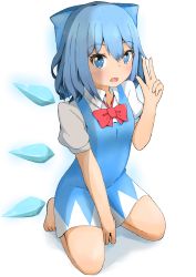 Rule 34 | 1girl, arm up, barefoot, between legs, blue dress, blue eyes, blue hair, blue ribbon, bow, bowtie, bright pupils, cirno, commentary, dress, fang, hair between eyes, hair ribbon, hand between legs, kneeling, mizune (winter), open mouth, pinafore dress, puffy short sleeves, puffy sleeves, red bow, red bowtie, ribbon, shirt, short hair, short sleeves, simple background, skin fang, sleeveless dress, solo, touhou, w, white background, white pupils, white shirt, wings
