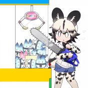 Rule 34 | 1girl, african wild dog (kemono friends), african wild dog print, animal ear fluff, animal ears, animated, black bow, black bowtie, black hair, bow, bowtie, chainsaw, character doll, commentary, crack, crane game, cutoffs, denim, denim shorts, dog ears, dog tail, glass shards, hair between eyes, kemono friends, layered sleeves, long sleeves, looping animation, lucky beast (kemono friends), lucky beast type 3, multicolored hair, pantyhose, pantyhose under shorts, print pantyhose, print sleeves, shirt, short over long sleeves, short shorts, short sleeves, shorts, simple background, solo, stuffed toy, tail, taro (tontaro), v-shaped eyebrows, video, white background, white hair, white shirt