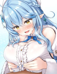 Rule 34 | 1boy, 1girl, blue hair, blush, breasts, cleavage, colored tips, commentary request, cum, cum on body, cum on breasts, cum on upper body, facial, fingernails, flower, hair flower, hair ornament, half updo, hat, hetero, highres, hololive, large breasts, long hair, multicolored hair, paizuri, paizuri under clothes, penis, pointy ears, simple background, solo focus, streaked hair, uni8, virtual youtuber, yellow eyes, yukihana lamy