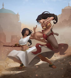 Rule 34 | 2018, 2girls, angry, anklet, middle eastern architecture, arabian clothes, arm behind back, arm up, bangle, barefoot, battle, bra, bracelet, breasts, brown hair, brown theme, cleavage, clenched teeth, crop top, dagger, dark-skinned female, dark skin, eye contact, fighting stance, hair tie, highres, impossible hair, jewelry, knife, large breasts, long hair, looking at another, looking away, midair, midriff, multiple girls, navel, noor (zindan), outdoors, outstretched leg, pelvic curtain, ribs, ricardo rodrigues, sheath, shirt, short sleeves, skirt, skirt set, staff, strapless, tara (zindan), taut clothes, taut shirt, teeth, toned, tube top, underwear, v-shaped eyebrows, weapon, white shirt, zindan: the last ansaars