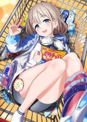 Rule 34 | 1girl, absurdres, blouse, blue eyes, blush, calbee (potato chips), chips (food), earrings, food, foreshortening, go (mumuke), goggles, grey hair, highres, huge filesize, idolmaster, idolmaster shiny colors, jacket, jewelry, long sleeves, looking at viewer, multiple girls, open mouth, potato chips, serizawa asahi, shirt, shopping cart, short hair, smile, socks, solo, tagme, teeth, upper teeth only, white shirt, white socks, yellow background